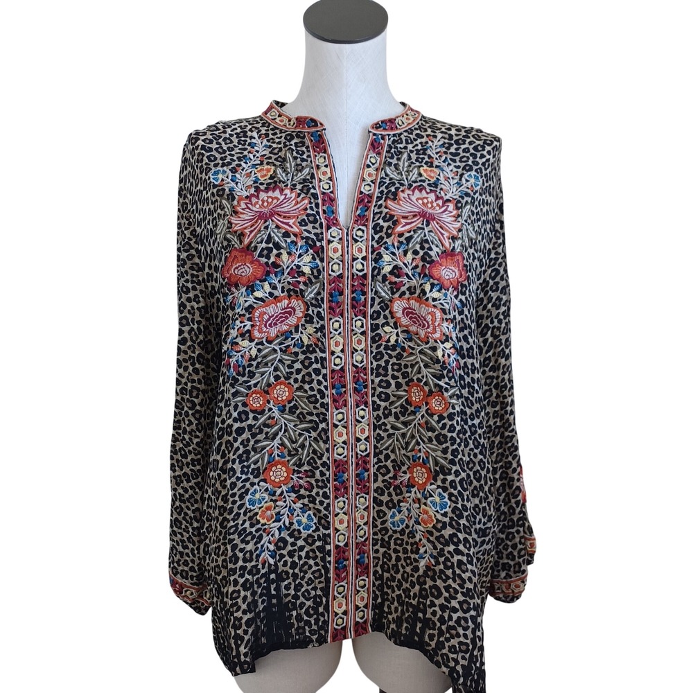 Karyn Seo Womens XL Leopard Print Embroidered Floral Tunic Blouse Viscose Boho